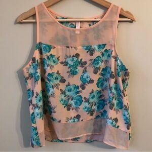 Xhilaration • L • Turquoise Rose Print Blush Coral Chiffon Sleeveless Tank Top